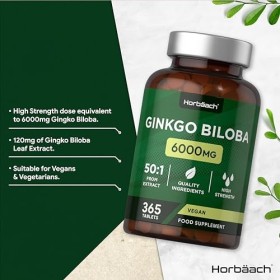 Ginkgo Biloba 6000mg | 365 Vegan Comprimes et non Gelules 1 An | Extrait 50:1 de Gingko Biloba Forte | Facile à Avaler | Gi