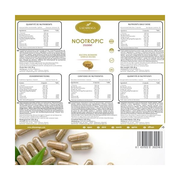 Lazarraga | Nootropique Puissant Mémoire Étudiants | Agilité Mentale et Concentration | Ginko Biloba, Bacopa Monnieri, Caféin