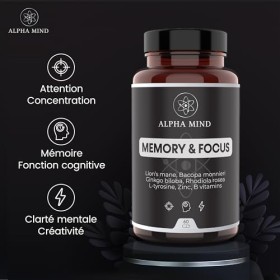 Nootropique Puissant - Memoire et Concentration - Avec Lions Mane/Crinière de Lion, Ginkgo biloba, Bacopa Monnieri, Rhodiola 