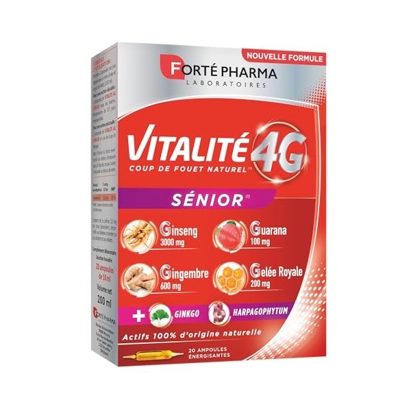 Forté Pharma - Vitalité 4G Sénior - Ginseng, Gingembre, Guarana, Gelée Royale, Harpagophytum - Complément Alimentaire Senior 