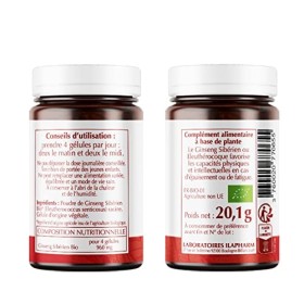 Laboratoires Ilapharm - GINSENG SIBERIEN BIO - Renforcez votre organisme - Tonus & vitalité - Flacon de 60 gélules Lot de 2 