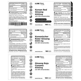 Ginseng Rouge Coréen 6000mg. 180 gélules végétaliennes pour 6 mois. Avec 30% de Ginsénosides par gélule. Augmente les niveaux