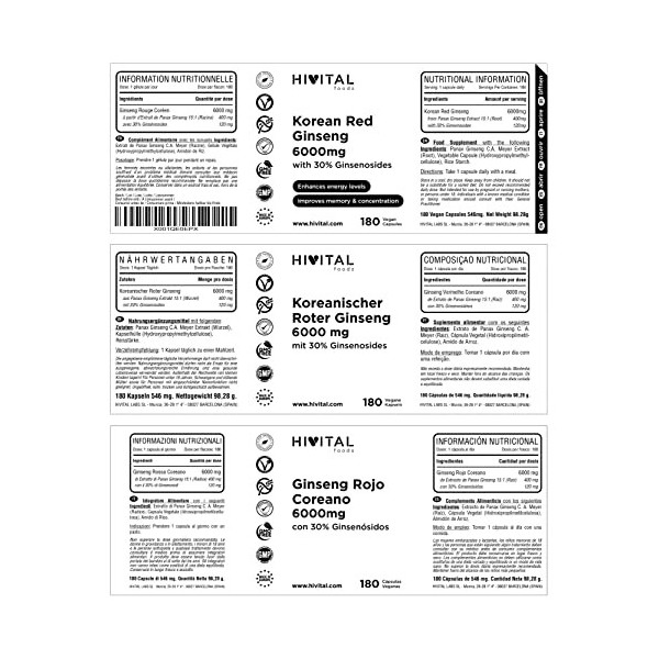 Ginseng Rouge Coréen 6000mg. 180 gélules végétaliennes pour 6 mois. Avec 30% de Ginsénosides par gélule. Augmente les niveaux