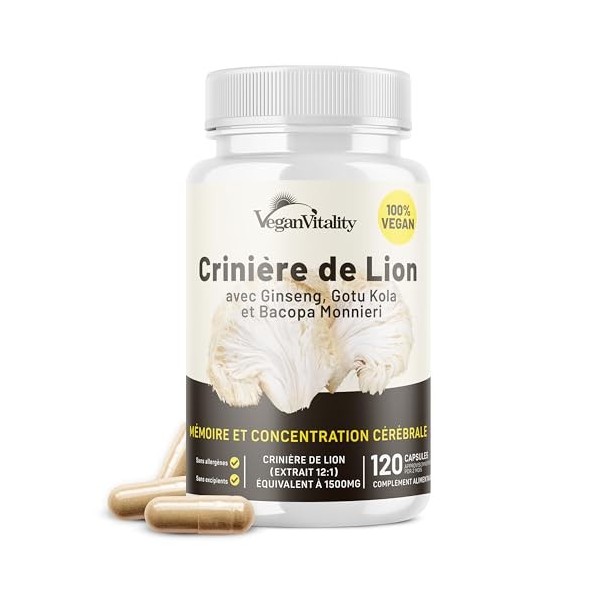 Complexe de capsules de supplément de champignons Lions Mane - Supplément sans caféine, extrait de crinière de lion - 120 cap