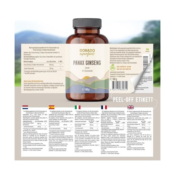 Poudre de racine de ginseng Panax à partir dextrait | 100 g - avec cuillère doseuse, 10% ginsénosides - approvisionnement 50