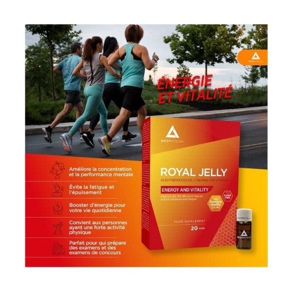Bodyathlon- Gelée Royale Énergie Vitalité 20 ampoules- Améliore le rendement physique et intellectuel- Complexe vitaminique- 