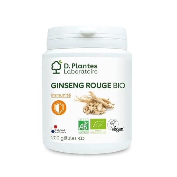 D.PLANTES - Ginseng Rouge Bio - Complément Alimentaire - Fatigue & Immunité - Fabriqué en France - 200 Gélules