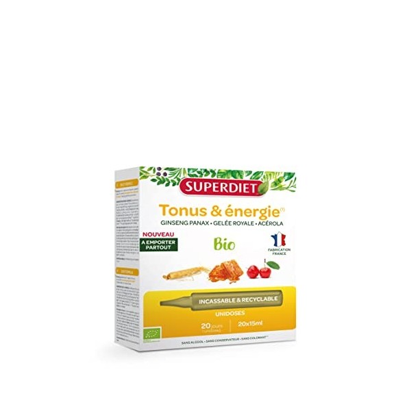 SUPERDIET- GINSENG, GÉLEE ROYALE, ACÉROLA- Booster toniques, Défenses immunitaires, Vitalité-Format Nomade - 20 Unidoses de 1
