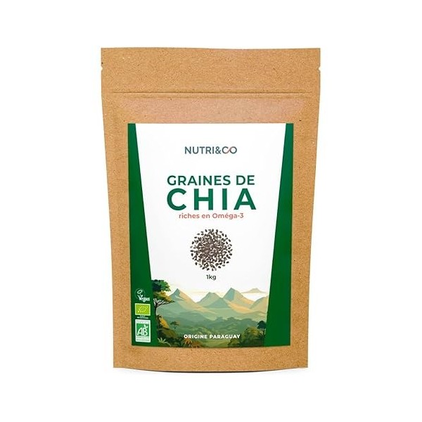 NUTRI & CO Graines de Chia Bio 1kg - Riche en Oméga 3, Source de Fibres et Protéines Végétales - Salvia Hispanica issue de l’