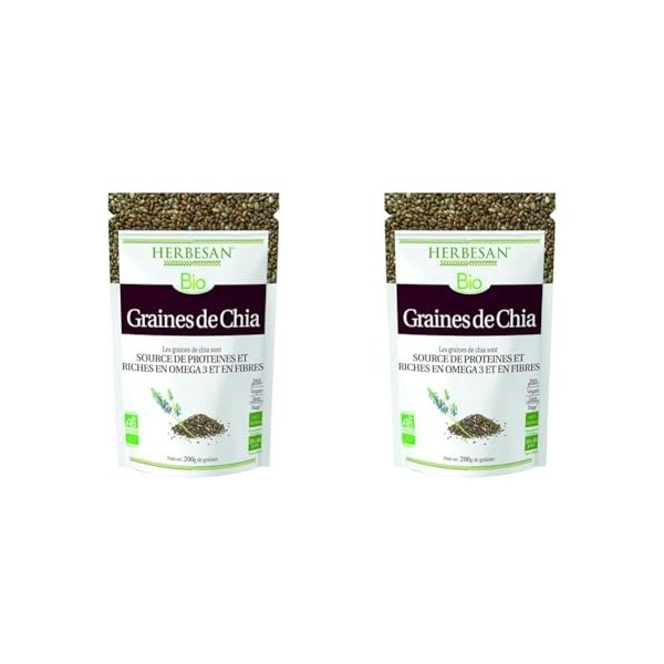 HERBESAN®-GRAINES DE CHIA BIO - Source de Protéines & Riches en Fibres et en Omega 3 - Sachet de 200g Lot de 2 