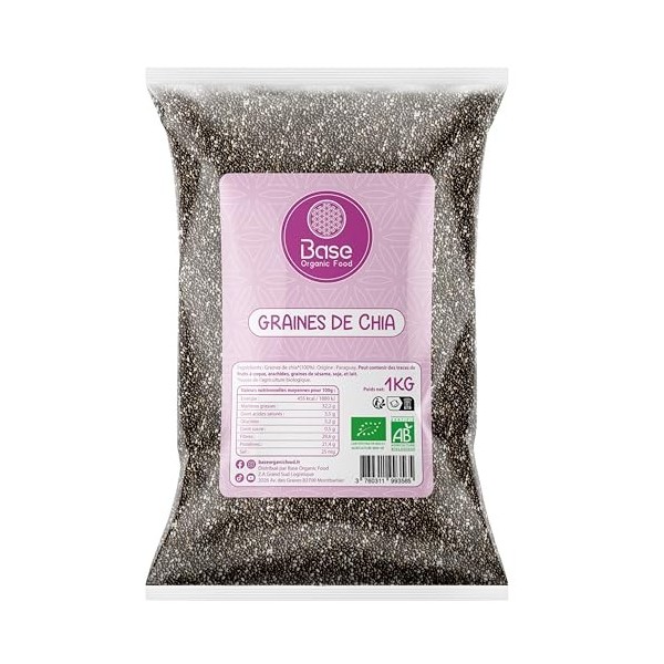 Graines de Chia Bio 1KG | Vegan | Conditionné en France | Cuisine | Desserts | Pâtisserie | Neutre en goût | Sans OGM | BASE
