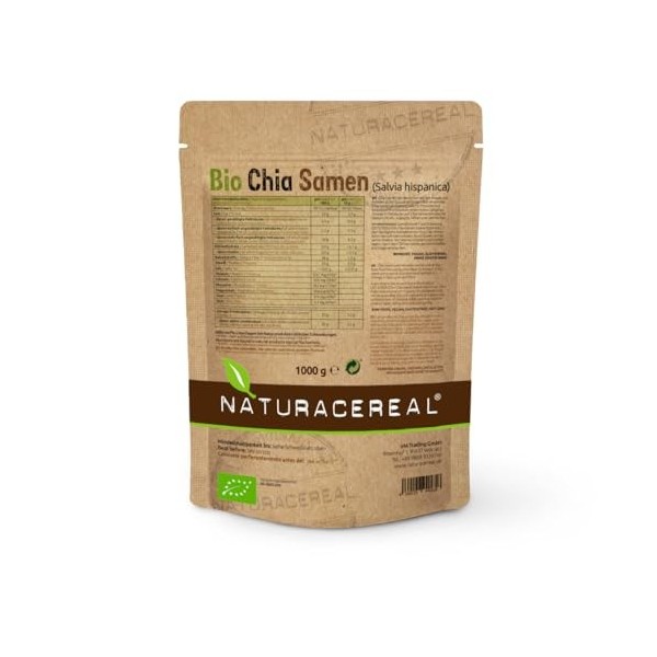 Naturacereal Chia Seeds Bio 1kg - Riche en oméga-3 et en fibres, source de protéines purement végétales - idéal pour les smoo