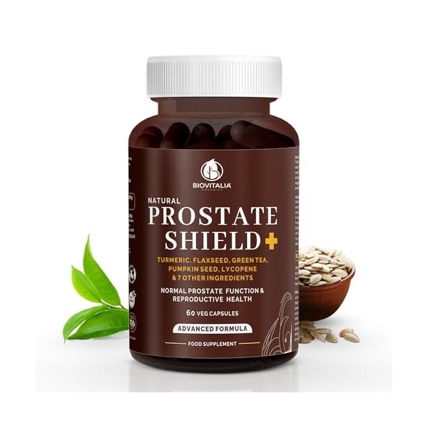 BioVitalia Prostate Shield Capsules - High Dosage with Turmeric, Linseed, Green Tea, lycopene, Pumpkin Seeds, pygeum bark, be