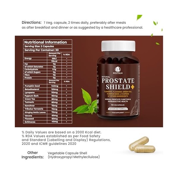 BioVitalia Prostate Shield Capsules - High Dosage with Turmeric, Linseed, Green Tea, lycopene, Pumpkin Seeds, pygeum bark, be