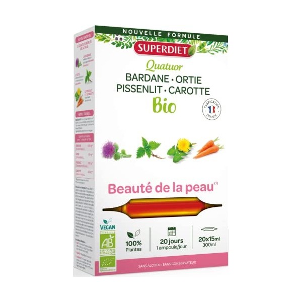 SUPERDIET - QUATUOR BEAUTÉ DE LA PEAU BIO - Bardane, Ortie, Pissenlit, Carotte -Phytothérapie -Fabrication Française - 20 amp