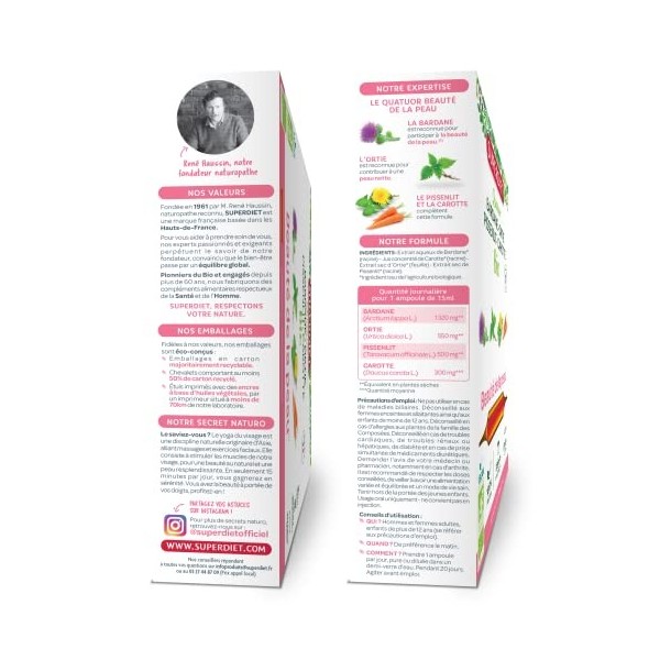 SUPERDIET - QUATUOR BEAUTÉ DE LA PEAU BIO - Bardane, Ortie, Pissenlit, Carotte -Phytothérapie -Fabrication Française - 20 amp