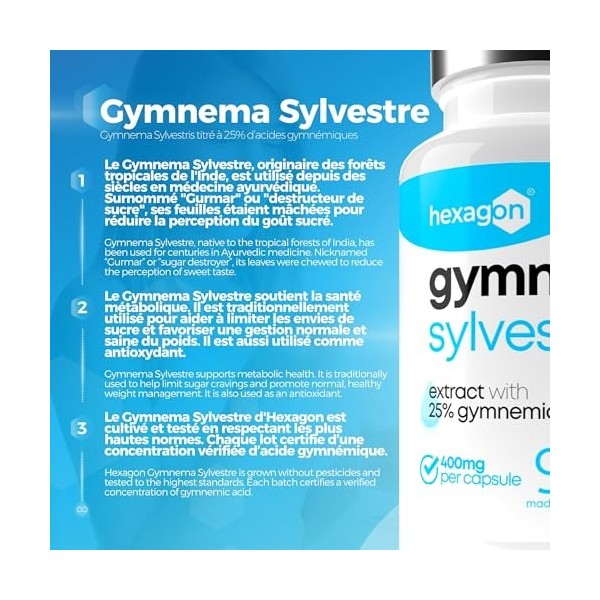 Gymnema Sylvestre 400mg - Jusqu’à +3 Mois de Cure - Soutien Naturel - Gestion des Envies Sucrées - Made in France - 90 Gélule