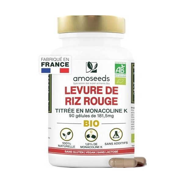 Levure de Riz Rouge BIO | 2,9mg de Monacoline K par gélule | 181,50mg | 90 gélules Vegan | Fabriquée en France | Qualité Supé