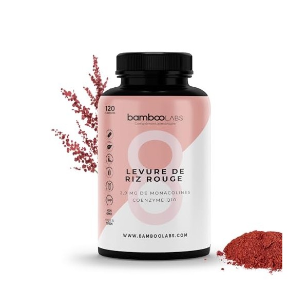 Bamboo Labs - Levure de Riz Rouge avec Coenzyme Q10 et Vitamine B3 pour Réduire le Cholestérol et un Cœur en Bonne Santé, 120
