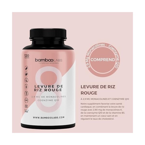 Bamboo Labs - Levure de Riz Rouge avec Coenzyme Q10 et Vitamine B3 pour Réduire le Cholestérol et un Cœur en Bonne Santé, 120