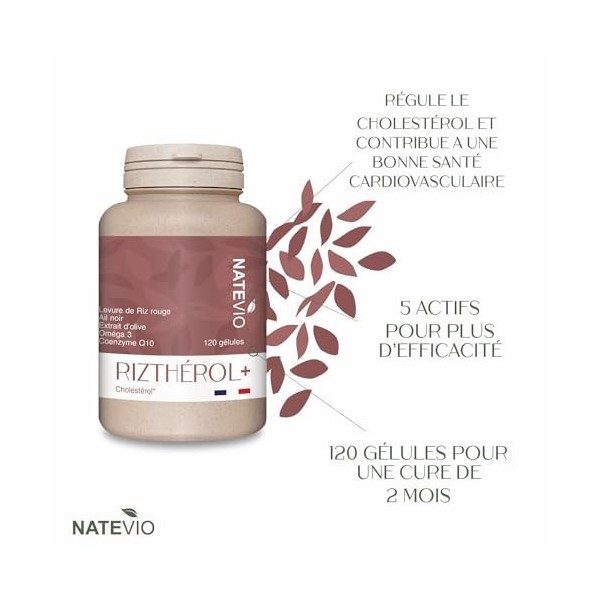 Rizthérol+ 5 actifs - Levure de Riz Rouge - Ail Noir - Q10 - Omega 3 - Extrait Olive - Cure de 2 mois