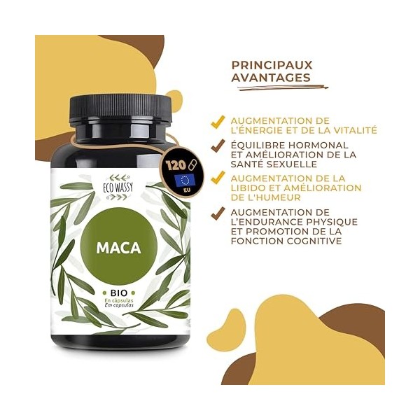 Maca andine | Racine de maca péruvienne 100% pure et naturelle. 120 Gélules BIO. Sans additifs. Augmentation de l’énergie, de