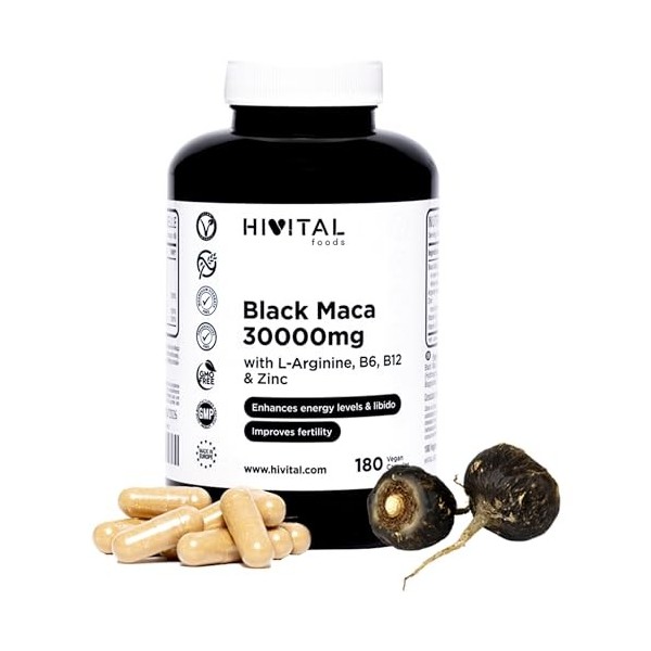 Maca Noire du Pérou 30000 mg. 180 gélules végétaliennes pour 2 mois. Extrait de Maca avec L-Arginine, Zinc et Vitamines B6 et