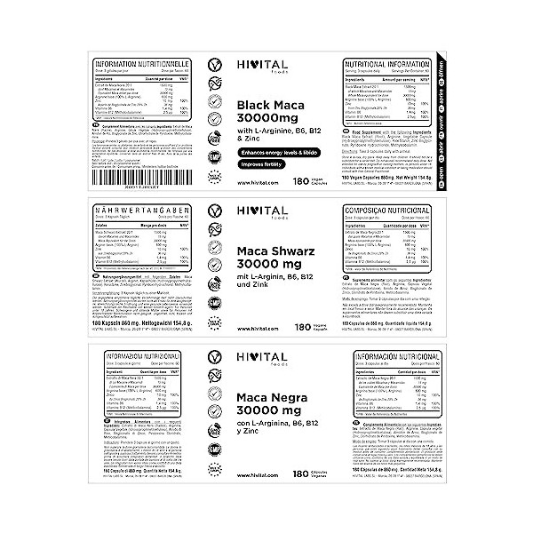 Maca Noire du Pérou 30000 mg. 180 gélules végétaliennes pour 2 mois. Extrait de Maca avec L-Arginine, Zinc et Vitamines B6 et