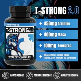 Vitastrong Vitality Complex - 120 gélules T-Strong 2.0 avec arginine, cordyceps, taurine, maca, fenugrec, ginseng, ginkgo, zi