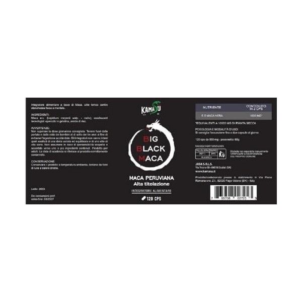 Kamasù™ Supplément Maca Titrage très élevé de Noire Péruvienne Forte, 10000mg Puissance et Vigueur, Extrait de Racine de Maca