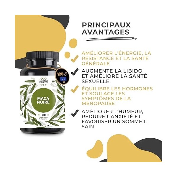 Maca Noire Péruvienne 100% Pure BIO, 120 Capsules De Maca Andine, Sans Additifs. Supplément Énergétique Et Exhausteur, Totale