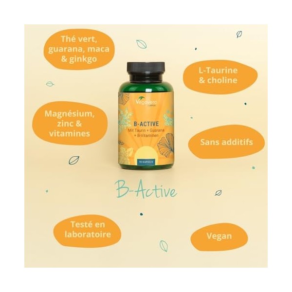 Énergie Booster Naturel | 90 Gélules | Avec Guarana Cafeine , Maca, Vitamines | Anti Fatigue + Énergisant | VEGAN et SANS AD