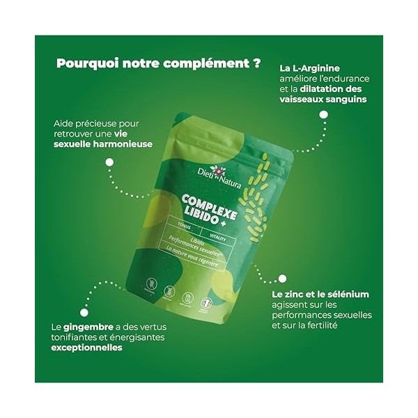 DIETI NATURA - Complexe Libido + - Booster Libido Féminine & Masculine - Maintient Le Taux De Testostérone - Zinc - Sans OGM,