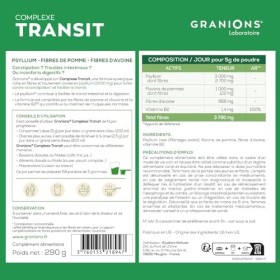 GRANIONS COMPLEXE TRANSIT- Psyllium 3g, Fibres de Pomme, Avoine, Vitamine B2 - Complement Alimentaire Psyllium Sans Gluten, C