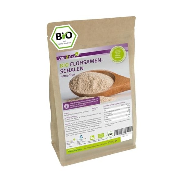 Vita2You Cosses de psyllium bio moulues à 99 % de pureté – 1 kg – farine de psyllium indien – Idéal pour la pâtisserie – 1000