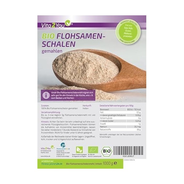 Vita2You Cosses de psyllium bio moulues à 99 % de pureté – 1 kg – farine de psyllium indien – Idéal pour la pâtisserie – 1000