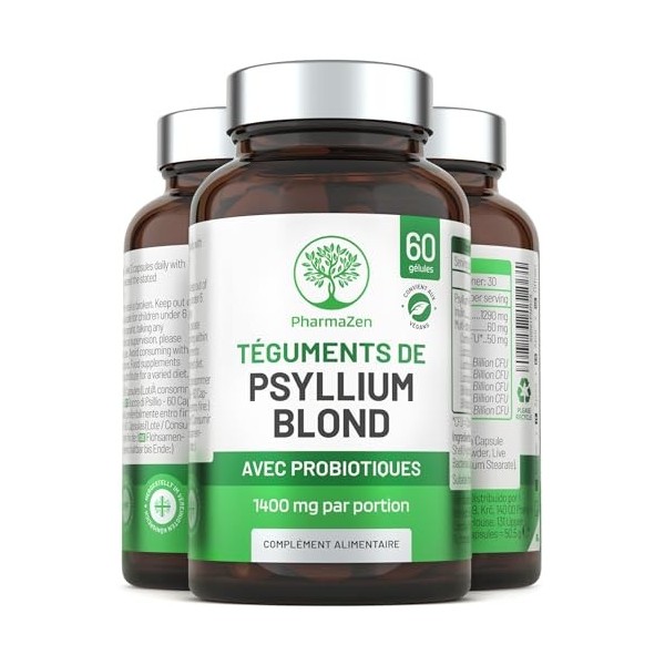 Psyllium Blond avec Probiotiques 1400 mg - Téguments purs à 99% - 60 gélules - Transit, Digestion, Fonction Intestinale - Fib