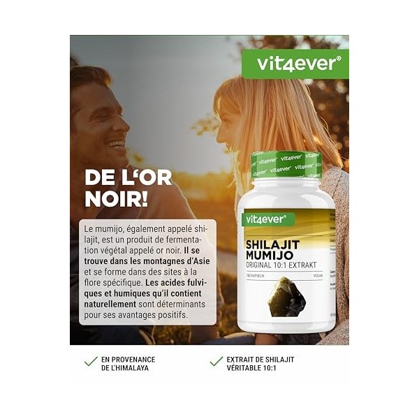 Mumijo Shilajit -180 gélules - Hautement Dosé avec 1500 mg par Portion Journalière - Extrait 10:1 - Sans additifs indésirable