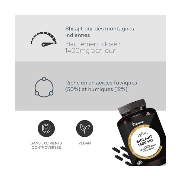 Shilajit 1400mg - Shilajit Pur de lHimalaya - Hautement dosé en Acides Fulviques 50% et Acides Humiques 12% - Immunité,