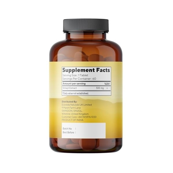 Shilajit Comprimés 10 000 mg, 60 jours dapprovisionnement, 60 % dacide fulvique – Comprimés dextrait de Shilajit pur pas 