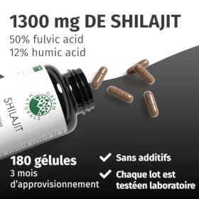 Shilajit Pur 13.000 mg - Extrait 10:1 avec 50% d’Acide Fulvique et 12% d’Acide Humique - 180 Gélules Végétales 3 Mois de Rés
