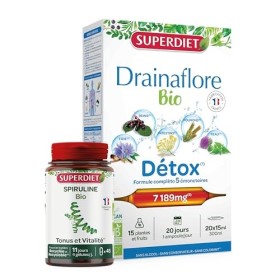 SUPERDIET – DRAINAFLORE BIO & SPIRULINE BIO – Détox – Phytothérapie – Format économique - 20 ampoules de 15 ml + 45 gélules
