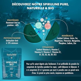 Spiruline BIO, 500mg, pure et naturelle, 60% de Protéines, Riche en Phycocyanine, Réduit la Fatigue, Renforce limmunité, 120