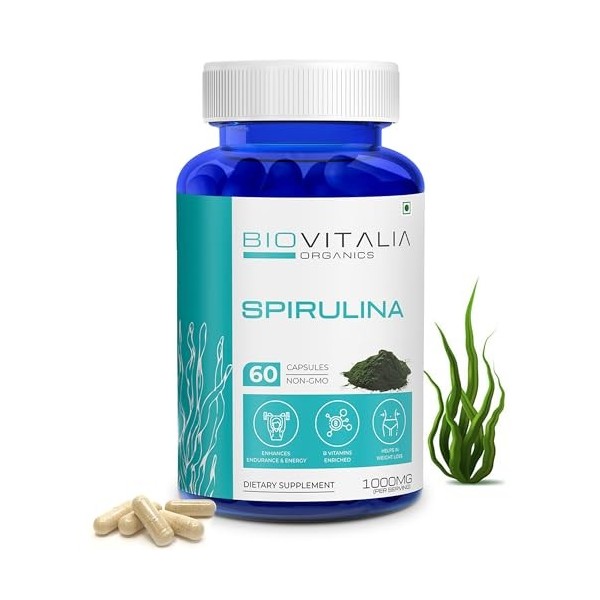 Biovitalia Organics Complément alimentaire à la spiruline 1000 mg | Super aliment vert pour soutenir la gestion du poids | Pr