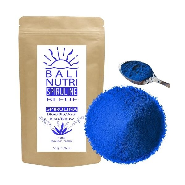 « Bali Nutri » Spiruline Bleue en poudre 50gr / 100% Pure Phycocyanine Arthrospira Platensis Vegan et Organique/Colorant Al