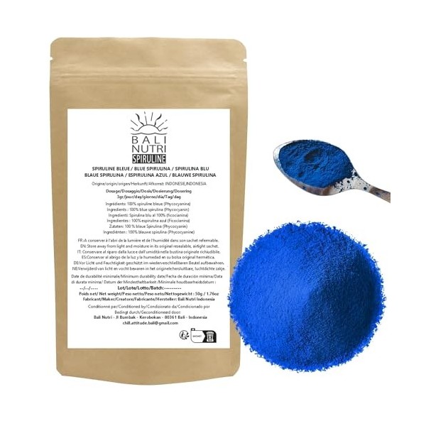 « Bali Nutri » Spiruline Bleue en poudre 50gr / 100% Pure Phycocyanine Arthrospira Platensis Vegan et Organique/Colorant Al