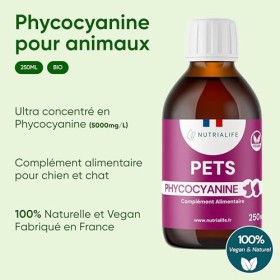 Nutrialife Spiruline Bleue Phycocyanine Liquide pour Chiens et Chats Pure 5000 MG/l - Énergie et Résistance - Complément Alil
