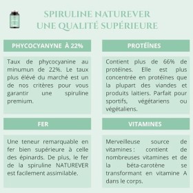 Spiruline - Naturever - Qualité supérieure, 100% pure et naturelle, sans excipients, séchée à froid, 22% de Phycocyanine, 550