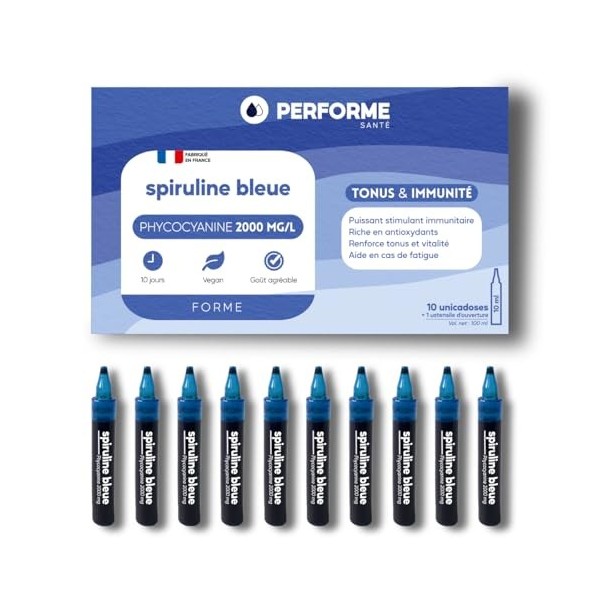 Phycocyanine Française - Spiruline bleue - Concentrée à 2000 mg/l - Réduit la Fatigue et renforce le Tonus - Cure de 10 jours