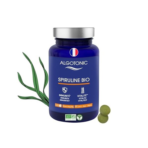 Algotonic - Spiruline BIO 100% PURE - 500 comprimés - Complément Alimentaire - Phycocyanine - Riche en protéines, vitamines e